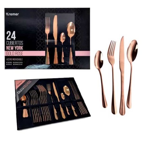 KREMER KR1010 NEW YORK | SET X24 CUBIERTOS GOLD ROSE X1