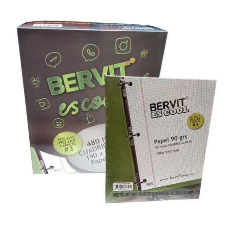 BERVIT REPUESTO 480HOJAS CUAD 90Gr. X1